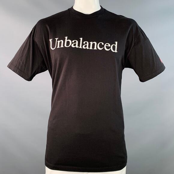 NEW BALANCE Size XL Unbalanced Black White Print Cotton Crew Neck T-shirt - Picture 1 of 7